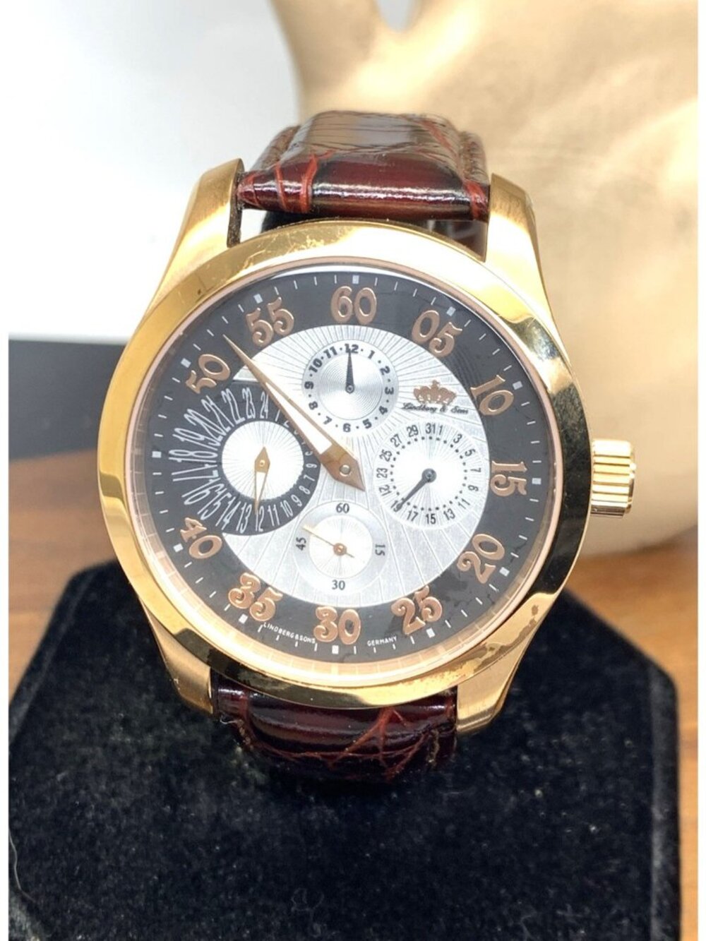 Lindberg & Sons Men's Watch Automatic Rose Gold Silver Dial Brown Leather 43mm